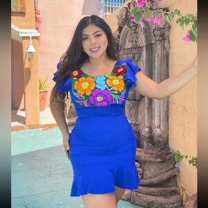 Mexican inspired Blue Floral Mini Dress - size large